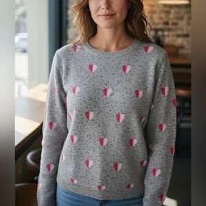 Talbots 100% Cashmere Grey Speckled Valentine's Pink & White Heart Sweater